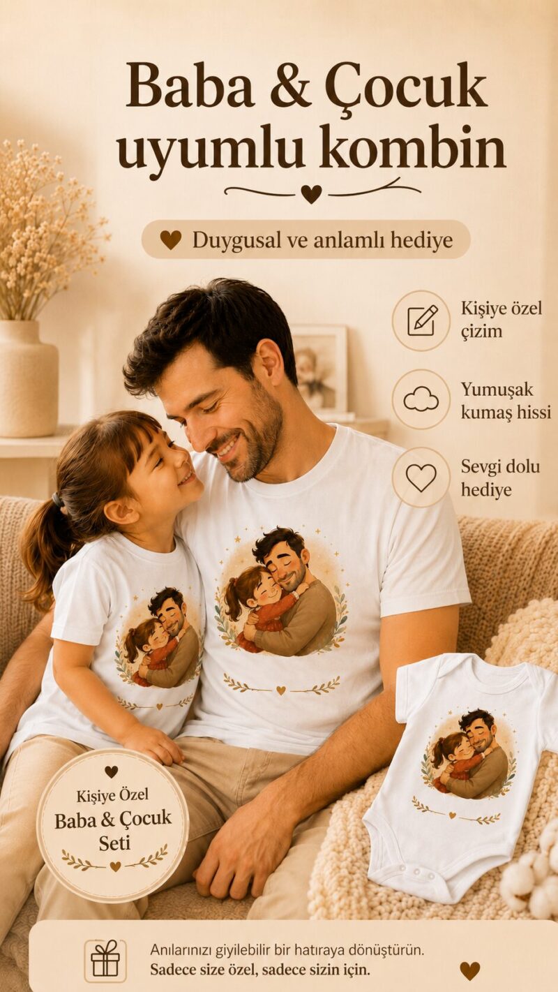 Kişiye Özel Masalsı Tasarımlı Baba - Çocuk Seti